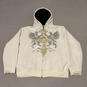 Avirex Classic Mens White Zip Up Hoodie Graphic Rhinestone Eagle Cross Large